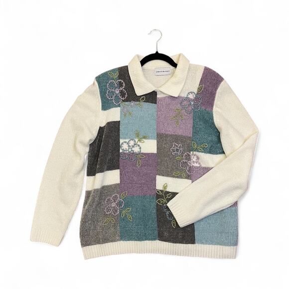 Alfred Dunner Chenille Sweater Floral Patchwork Grandma Size Large - Picture 2 of 9